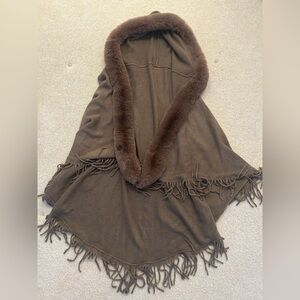 Brown Hooded Shawl with Faux Fur Trim